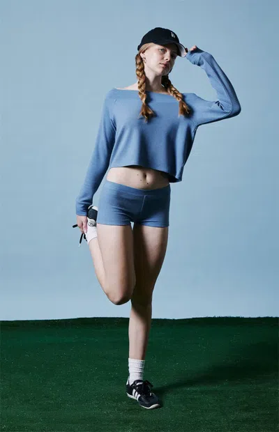 Pac 1980 Women's Active Aspen Waffle Knit Off-the-shoulder Sweatshirt In Blue