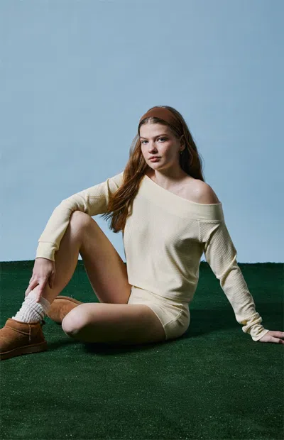 Pac 1980 Women's Active Aspen Waffle Knit Off-the-shoulder Sweatshirt In Garden Yellow In Brown