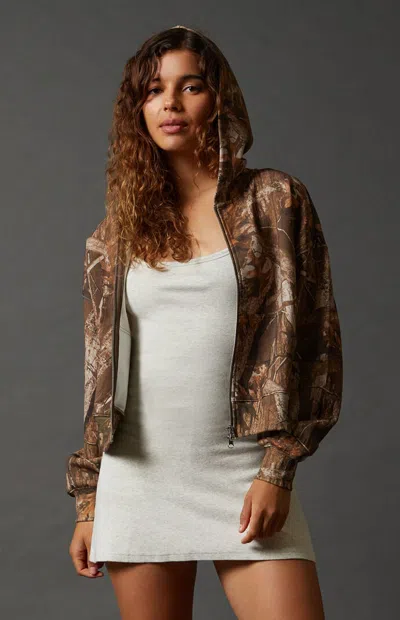 Pac 1980 Women's Active Sweat Modal Cropped Zip Up Hoodie In Camouflage In White