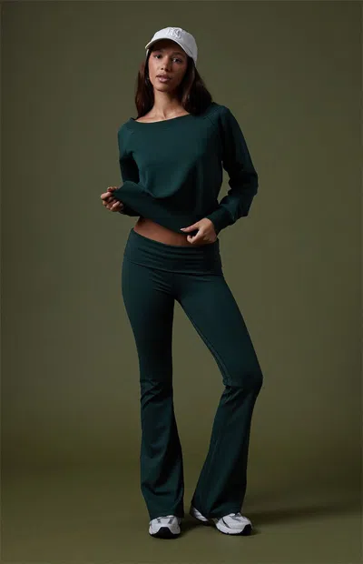 Pac 1980 Women's Pac Whisper Active Fold-over Waistband Flare Yoga Pants In Green