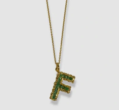 Pre-owned Pacharee $910  Women's 18k Yellow Gold Plated Emerald Alphabet "f" Necklace In Green