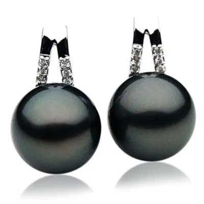 Pre-owned Pacific Pearls® Genuine Tahitian 11 Mm Diamond Black Classic Pearl Stud Earrings