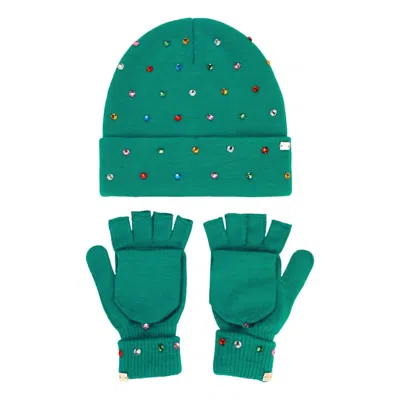 Packed Party Knit Rhinestone Beanie And Mittens Set In Emerald In Green
