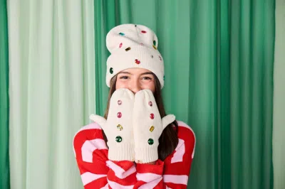 Packed Party Knit Rhinestone Beanie And Mittens Set In White