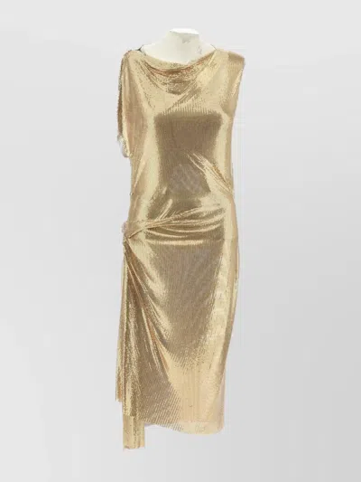 Paco Rabanne Draped Knee Length Sleeveless Metallic Dress In Gold