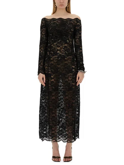 Paco Rabanne Off-the-shoulder Lace Midi Dress In Black