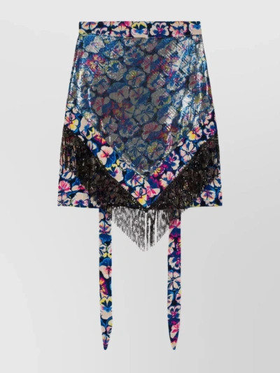 Paco Rabanne Mini Skirt With Fringed Floral Print In Blue