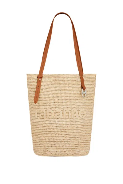 Rabanne Logo Embroidered Woven Bucket Bag In Shiny Beige