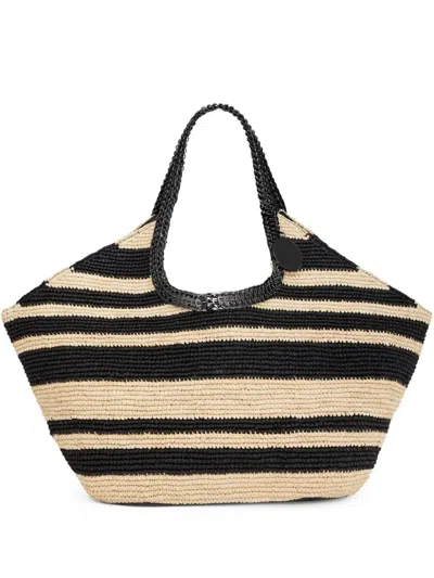Paco Rabanne Striped Raffia Tote Bag With 1969 Discs Details In Natural Black