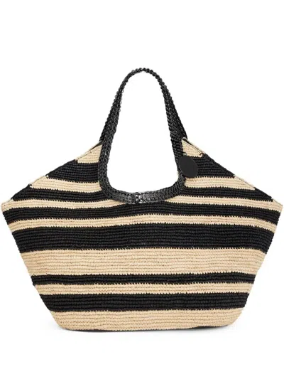 Rabanne Striped Raffia Tote Bag With 1969 Discs Details In Natural Black