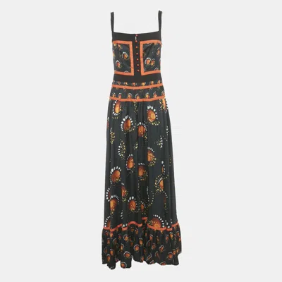 Pre-owned Paco Rabbane Black Printed Satin Flared Maxi Dress L
