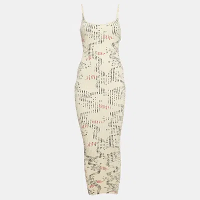 Pre-owned Paco Rabbane Cream Floral Print Rib Knit Midi Dress M