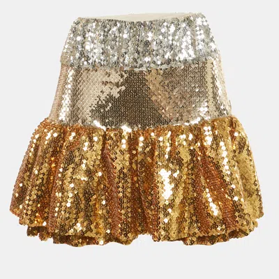 Pre-owned Paco Rabbane Gold Sequin Tiered Mini Skirt M