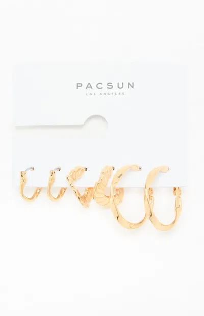 Pacsun 3 Pack Gold Textured Hoop Earrings In Pink