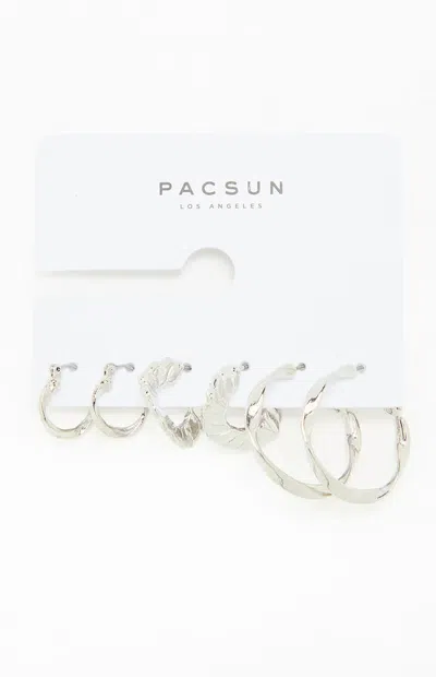 Pacsun 3 Pack Silver Textured Hoop Earrings In Pattern