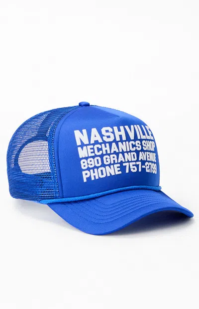 Pacsun Blue Nashville Mechanics Shop Trucker Hat In Cobalt