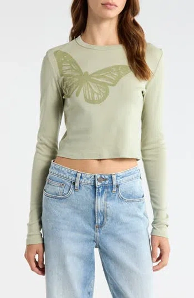 Pacsun Butterfly Long Sleeve Cotton Graphic T-shirt In Green