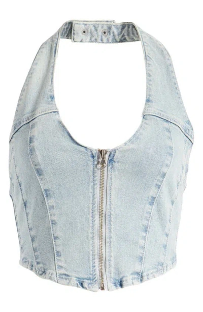 Pacsun Corset Denim Crop Halter Top In Hazy Blue Indigo