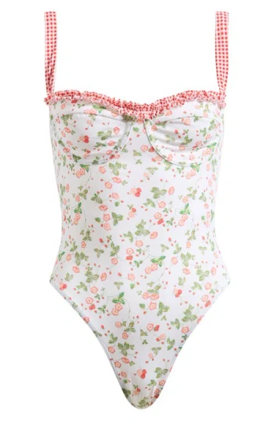 Pacsun Elise Ruffle One-piece Swimsuit In White Floral Gingham