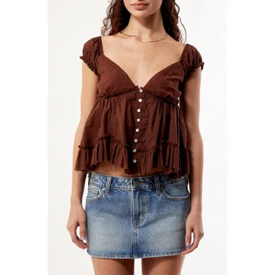 Pacsun Ellie Lace Trim Embroidered Bodice Smocked Back Cotton Top In Brown