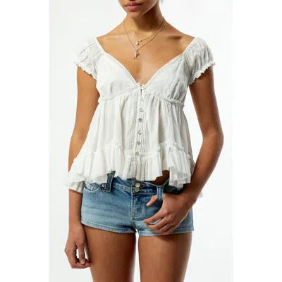Pacsun Ellie Lace Trim Embroidered Bodice Smocked Back Cotton Top In White