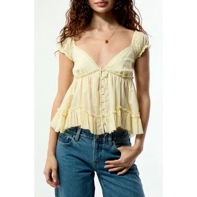 Pacsun Ellie Lace Trim Embroidered Bodice Smocked Back Cotton Top In Yellow