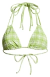 Pacsun Erica Plaid Triangle Bikini Top In Green White/plaid