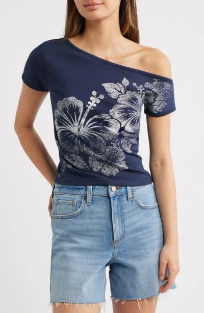 Pacsun Hibiscus Off The Shoulder Graphic Top In Blue