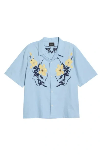 Pacsun Jasmine Floral Embroidered Cotton & Linen Camp Shirt In Blue