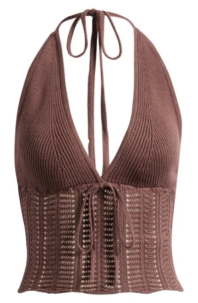 Pacsun Kelli Open Stitch Cotton Halter Top In Brown