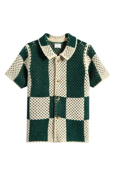 Pacsun Kids' Spence Checkered Open Knit Camp Shirt In Green/cream