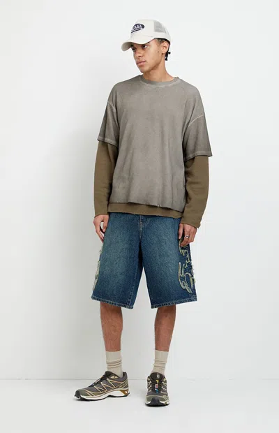 Pacsun Men's Austin Extreme Baggy Jean Shorts Cyber Applique Dark Blue In Dark Indigo