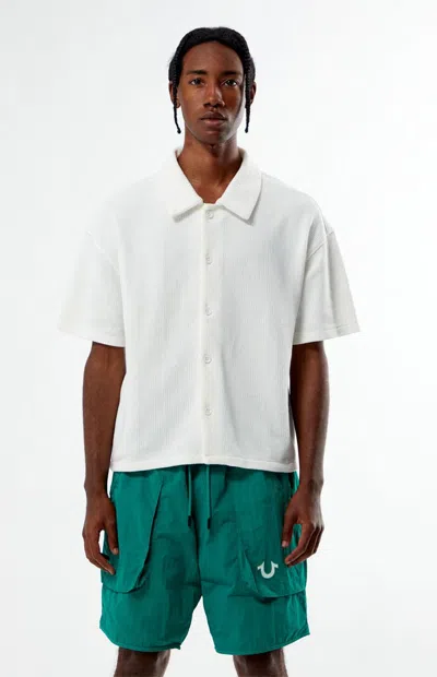 Pacsun Men's Cream Stone Solid Textured Oversized Camp Shirt In White
