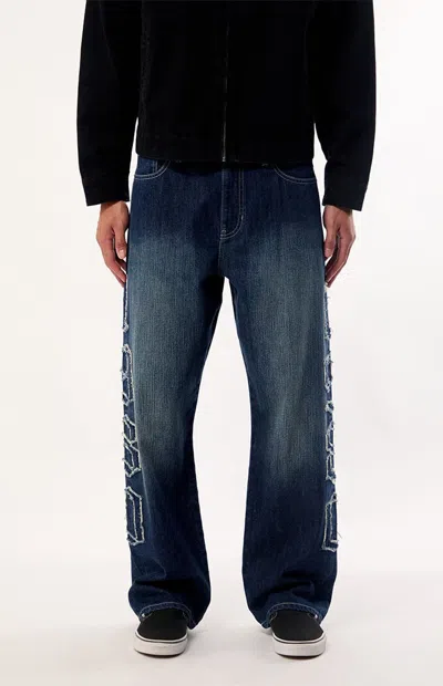 Pacsun Men's Dylan Baggy Jeans Frayed 1980 Applique Dark Blue In Dark Indigo
