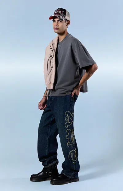Pacsun Men's Dylan Baggy Jeans Frayed Nyc Applique Dark Blue In Dark Indigo In Gray