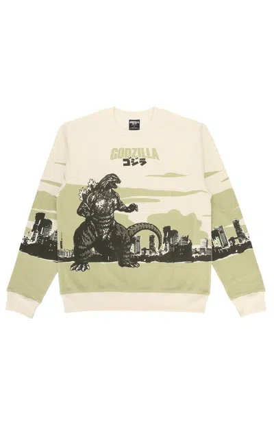 Pacsun Men's Godzilla Cityscape Crew Neck Sweatshirt In Off White In Multi