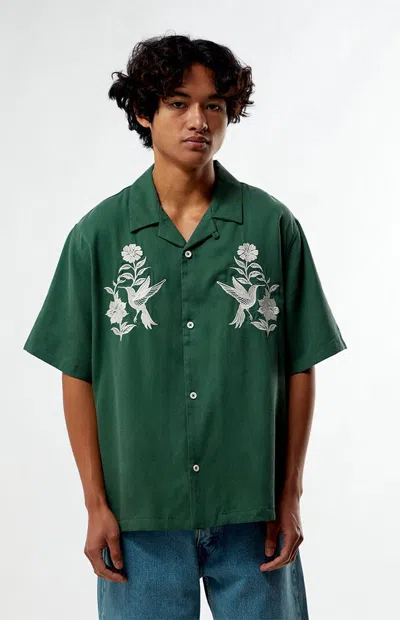 Pacsun Men's Green Floral Embroidered Oversized Resort Camp Shirt