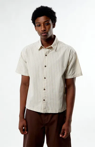 Pacsun Men's Oxford Tan Striped Camp Shirt In White