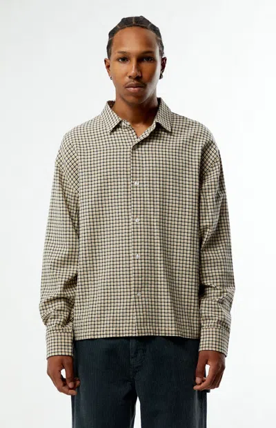 Pacsun Men's Plaid Cropped Flannel Long Sleeve Shirt In Tan/black In Green