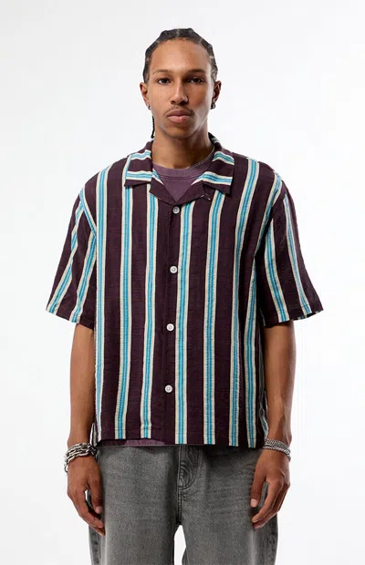 Pacsun Men's Striped Eclipse Camp Shirt In Burgundy In Black