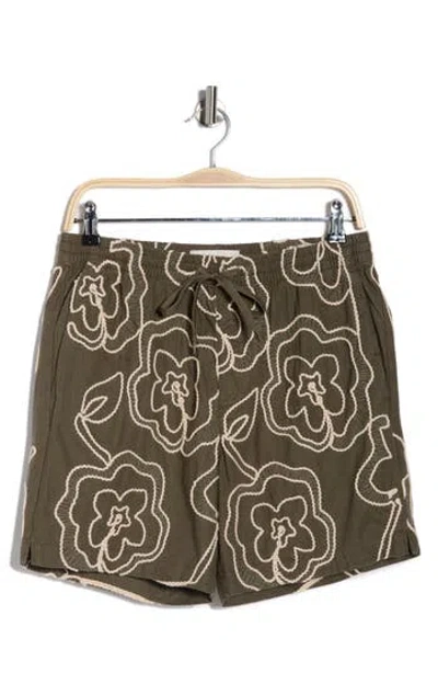 Pacsun Olive Cotton & Linen Embroidered Shorts In Green