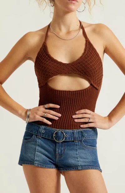 Pacsun Serafina Knit Halter Neck Crop Tank In Brown
