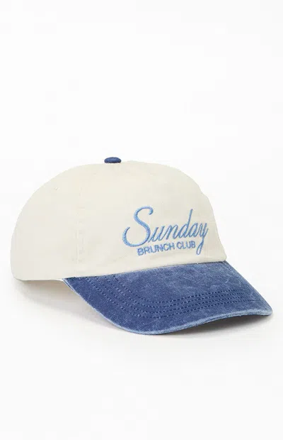 Pacsun Sunday Brunch Club Strapback Hat In Cream/navy In Blue