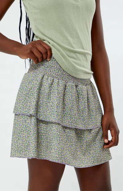 Pacsun Tiered Scrunch Mini Skirt In Green/pink/purple In Multi