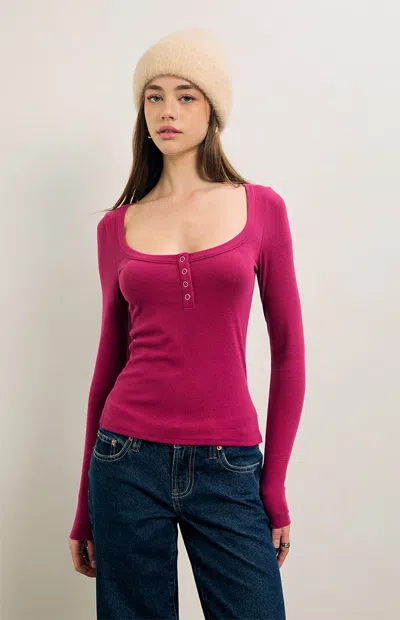 Pacsun Women's Brooke Scoop Long Sleeve Henley Top In Burgundy