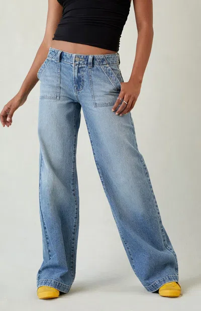 Pacsun Women's Casey Low Rise Baggy Jeans Button Pocket Medium Blue In Dark Indigo