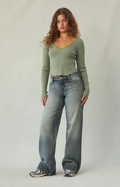 Pacsun Women's Casey Low Rise Baggy Jeans Light Blue Wash In Dark Indigo In Green