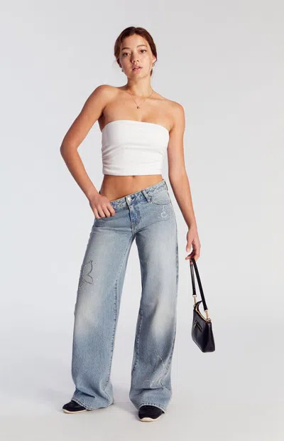 Pacsun Women's Casey Low Rise Baggy Jeans Rhinestone Butterfly In Medium Indigo In Blue