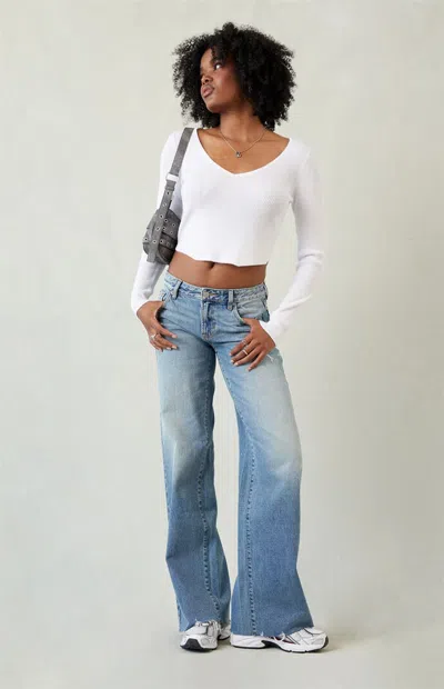 Pacsun Women's Casey Low Rise Baggy Jeans Ripped Raw Cut Medium Blue In Medium Indigo