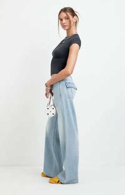Pacsun Women's Casey Low Rise Baggy Jeans Snap-button Back Pocket Light Blue In Medium Indigo In Purple